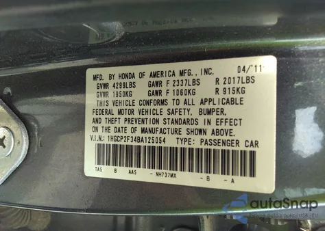 2011 Honda Accord 2.4 Lx z USA, uszkodzony, nr VIN 1HGCP2F34BA125054